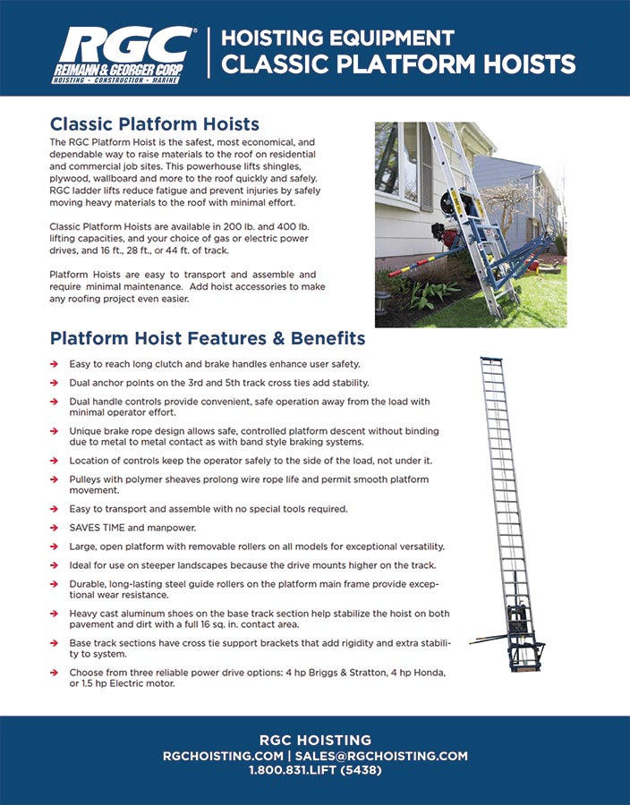 Classic Platform Hoist Product Detail Sheet