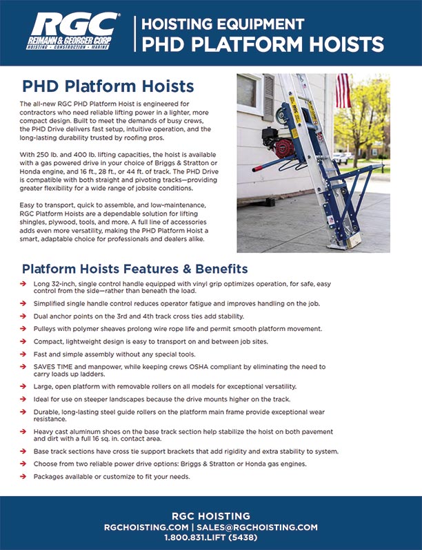 PHD Platform Hoist Product Detail Sheet