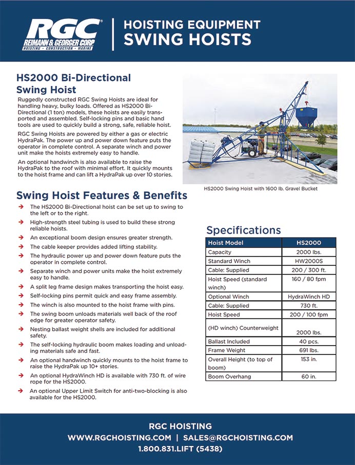 Swing Hoist Product Detail Sheet